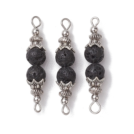 Natural Lava Rock Round Beaded Connector Charms PALLOY-JF02715-1