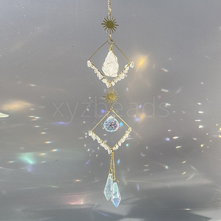 Wire Wrapped Nuggets Natural Quartz Crystal & Metal Rhombus Hanging Ornaments PW-WGF74B3-01-1