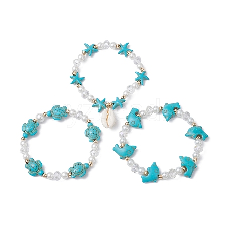 3Pcs Synthetic Turquoise & Natural Cowrie Shell Charm Bracelet Sets BJEW-JB09868-1