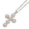 Brass & Imitation Pearl Cross Pendant Satellite Chain Necklaces NJEW-U015-09P-1