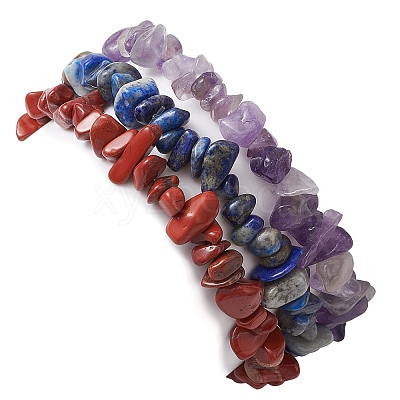 3Pcs 3 Styles Natural Amethyst & Lapis Lazuli &  Red Jasper Chips Stretch Bracelets Sets BJEW-JB11076-11-1
