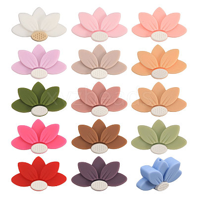 15Pcs 15 Colors Lotus Food Grade Eco-Friendly Silicone Focal Beads SIL-CA0003-05-1