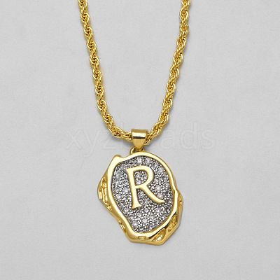 Brass Crystal Rhinestone Oval with Letter Pendant Necklaces FS-WG7CB6D-16-1