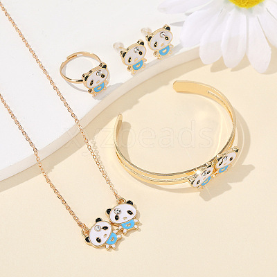 Panda Alloy Enamel & Rhinestones Stud Earring & Pendant Necklaces & Cuff Bangles & Rings Sets for Women FS-WGAF002-01-1
