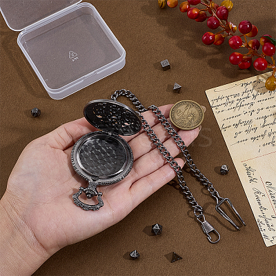 Vintage Alloy Flat Round Hollow Pocket Watch with Brass Curb Chain AJEW-PH0007-68B-1