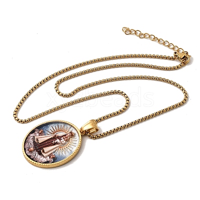 Unisex Religion 304 Stainless Steel Enamel Oval Pendant Box Chain Necklaces STAS-H258-02G-02-1