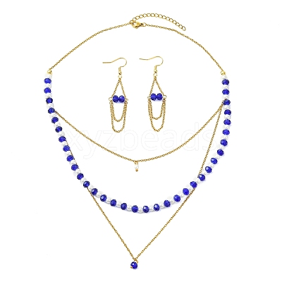 Rondelle 304 Stainless Steel & Glass Beaded Layered Necklace and Earring Set Set for Women SJEW-JS01384-01-1
