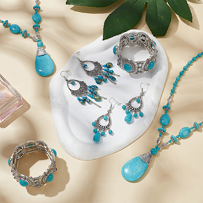 2 Sets 2 Style Synthetic Turquoise Teardrop Lariat Necklace & Chandelier & Oval Beaded Stretch Bracelet SJEW-AN0001-02-1