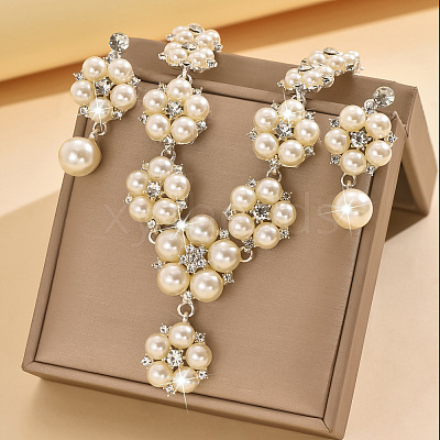 Flower Alloy Crystal Rhinestone & Plastic Pearl Link Chain Necklaces & Stud Dangle Earrings Sets FS-WGC22CC-02-1