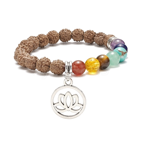 Natural Rudraksha Wood & Mixed Gemstone Stretch Bracelet with Alloy Lotus Charm BJEW-TA00151-1