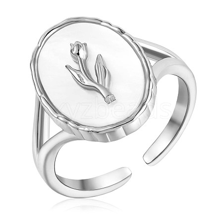 Anti-Tarnish Rhodium Plated 925 Sterling Silver Oval with Tulips Open Cuff Ring JR898A-1