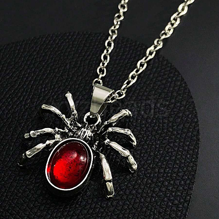 Halloween Spider Alloy Red Resin Pendant Necklaces FS-WG5275D-01-1