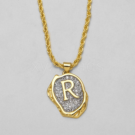 Brass Crystal Rhinestone Oval with Letter Pendant Necklaces FS-WG7CB6D-16-1