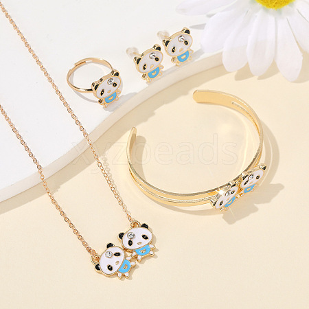 Panda Alloy Enamel & Rhinestones Stud Earring & Pendant Necklaces & Cuff Bangles & Rings Sets for Women FS-WGAF002-01-1