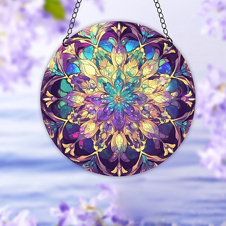 Flat Round with Mandala Flower Pattern Acrylic Printed Window Hanging Suncatcher PW-WGE2980-04-1