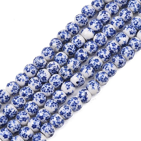 Handmade Flower Printed Porcelain Ceramic Beads Strands PORC-M005-6mm-10-1