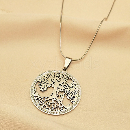 304 Stainless Steel Hollow Tree of Life Pendant Necklaces NJEW-S007-15P-1