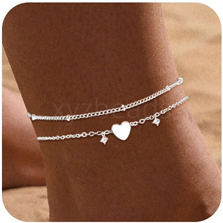 Heart Star Brass Crystal Rhinestone Charm Double Layer Anklets for Women FS-WG032DF-04-1