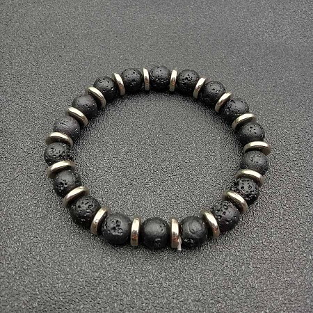 Round Natural Lava Rock Beaded Stretch Bracelets for Women Men MY8494-10-1