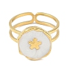 Ion Plating(IP) 304 Stainless Steel Enamel Flat Round with Flower Cuff Finger Rings RJEW-L107-067G-01-2