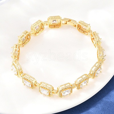 Square Brass Micro Pave Clear Cubic Zirconia and Glass Link Chain Bracelets BJEW-T025-04G-03-1