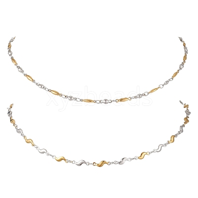2Pcs 2 Styles Two Tone 304 Stainless Steel Bar Link Chain Necklaces for Women NJEW-JN05962-1