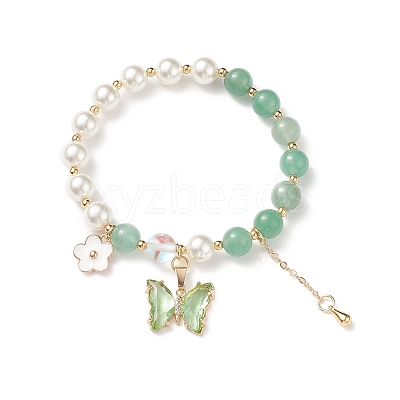 Round Natural Green Aventurine & Shell Pearl Beaded Stretch Bracelet BJEW-TA00191-02-1