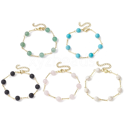 Natural & Synthetic Mixed Round Beaded Link Chain Bracelet BJEW-JB09970-1