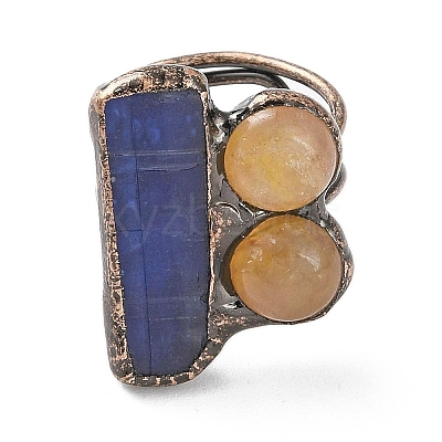 Rectangle & Round Natural Kyanite & Yellow Hematoid Quartz/Golden Healer Quartz Adjustable Rings RJEW-A041-03R-1