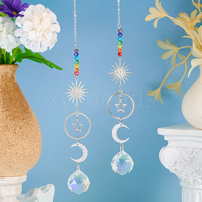 2Pcs Brass Sun Moon Star Hanging Ornaments HJEW-TA00371-1