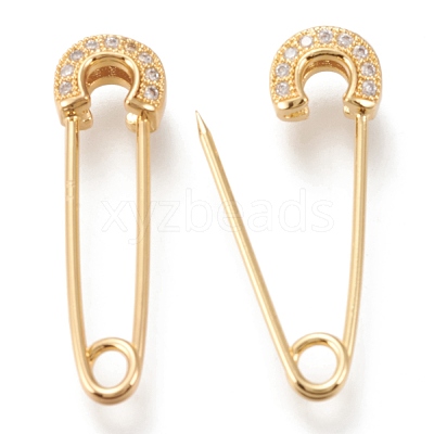 Brass Micro Pave Clear Cubic Zirconia Safety Pins ZIRC-I044-18G-1