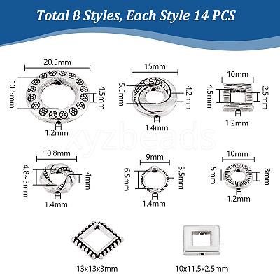 112Pcs 8 Styles Tibetan Style Alloy Beads Frame Sets TIBEB-PH0005-18-1