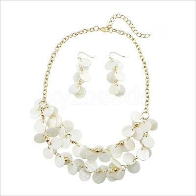 Flat Round Shell Dangle Earrings & Double Layer Necklaces Sets FS-WG04E23-05-1