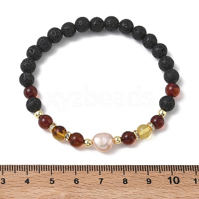 Natural Lava Rock & Amber & Cultured Freshwater Pearl Beaded Stretch Bracelets for Women BJEW-JB13722-1
