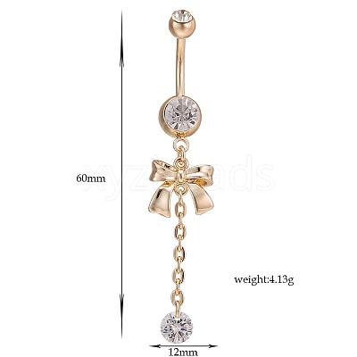 Piercing Jewelry Real 18K Gold Plated Brass Rhinestone Bowknot Navel Ring Belly Rings AJEW-EE0001-67-1