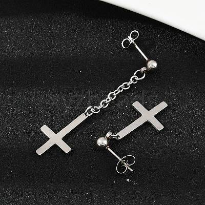 Christian Upside Down Cross 201 Stainless Steel Dangle Stud Earrings LS-EJEW-P314-01C-P-1