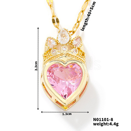 Fashionable Brass Cubic Zirconia Crown Heart-Shaped Pendant Dapped Chain Necklaces for Women SM2288-8-1