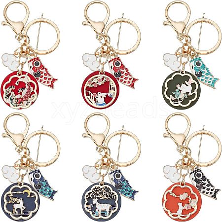 Olycraft 6Pcs 6 Style Chinese Style Alloy Enamel Keychains KEYC-OC0001-13-1