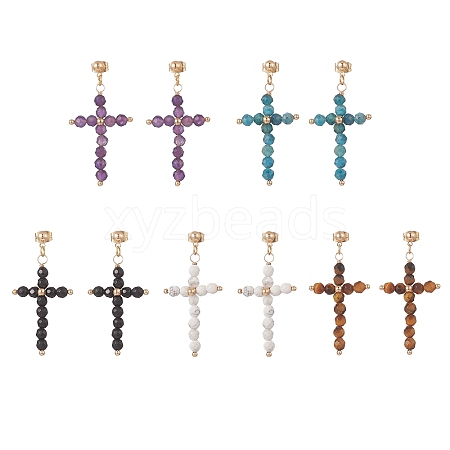 Natural Mixed Gemstone Beaded Cross Dangle Stud Earrings EJEW-JE05200-1