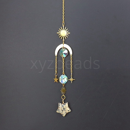 Natural Dalmatian Jasper Star Sun Catcher Hanging Ornaments with Brass Sun HJEW-PW0002-13B-1