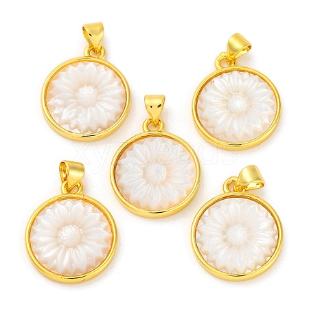 Natural White Shell Carved Sunflower Pendants KK-D537-03G-02-1