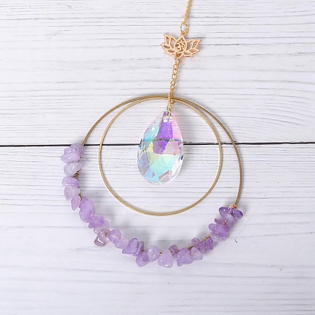 Double Round Ring Chip Natural Amethyst Window Hanging Pendant Decorations G-PW0007-089A-1