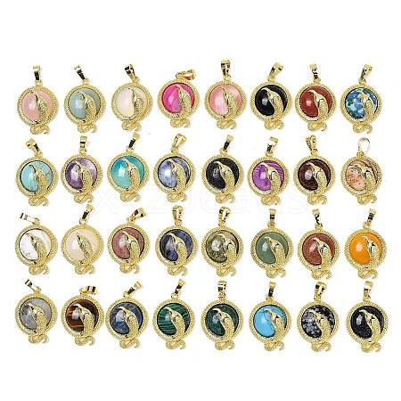 Natural & Synthetic Mixed Gemstone Flat Round Shaped Brass Pendants KK-F887-03G-1