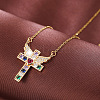 Brass Pave Colorful Cubic Zirconia Cross with Angel Wings Pendant Necklaces for Women WGF2102-01-1