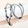 304 Stainless Steel Blue Enamel Moon Pendant Cotton Cord Adjustable Necklaces NJEW-C093-04G-1