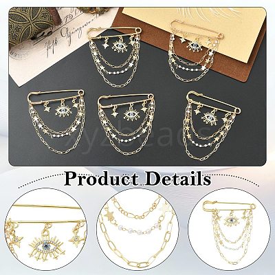 5Pcs Rhinestone Eye & Alloy Star Charms Safety Pin Brooch JEWB-CJ0003-44-1