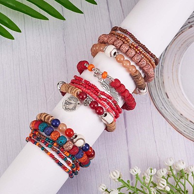 5Pcs 5 Style Wood & Glass Seed & Acrylic Beaded Stretch Bracelets Set with Baseball JB709F-1