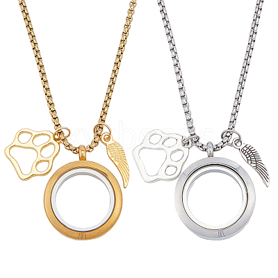 2Pcs 2 Colors Alloy Wing Paw Print & 304 Stainless Steel Flat Round Locket Pendant Necklaces NJEW-DR00017-1