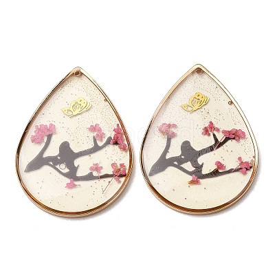 Brass & Transparent Epoxy Resin & Dried Flower Pendants RESI-G133-03G-02-1