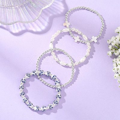4Pcs 4 Styles Printed Porcelain Beads & Synthetic Hematite Beads & Shell Beads & ABS Plastic Pearl Stretch Bracelets Sets for Women BJEW-JB14203-01-1
